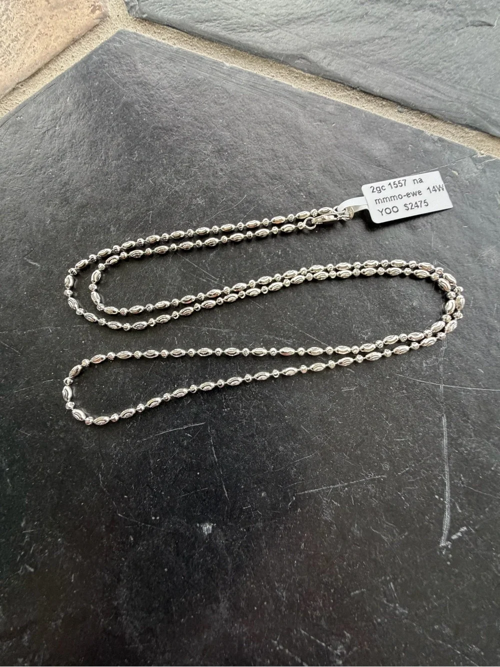 14kt. White Gold Mooncut Ovalia  Bead Chain Necklace  24” long